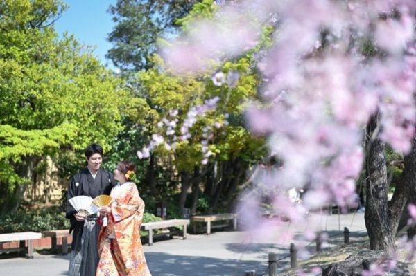 徳川園の桜シーズンのフォトウェディング